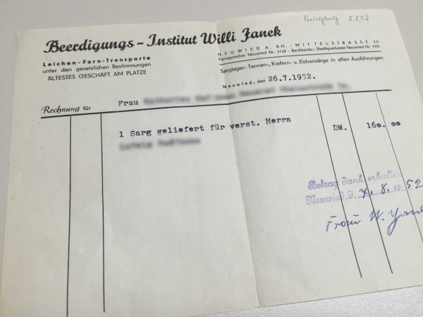 Rechnung Bestattung 1950 in Neuwied