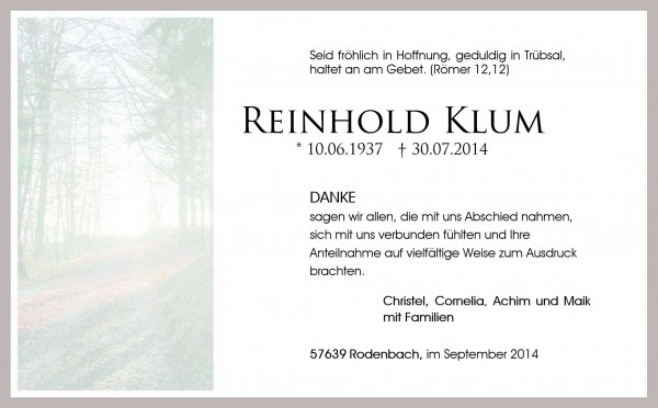 Reinhold Klum Danksagung