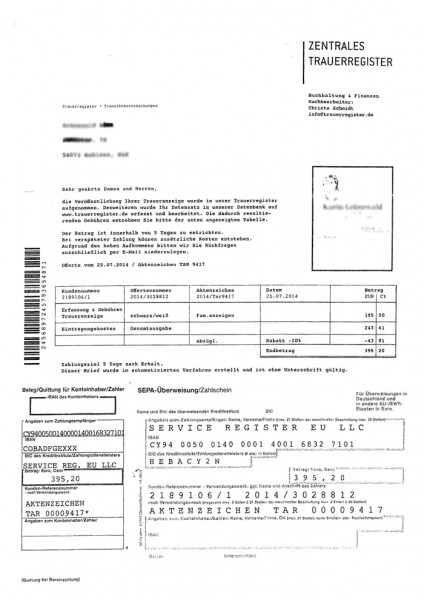 Anschreiben des Trauerregister