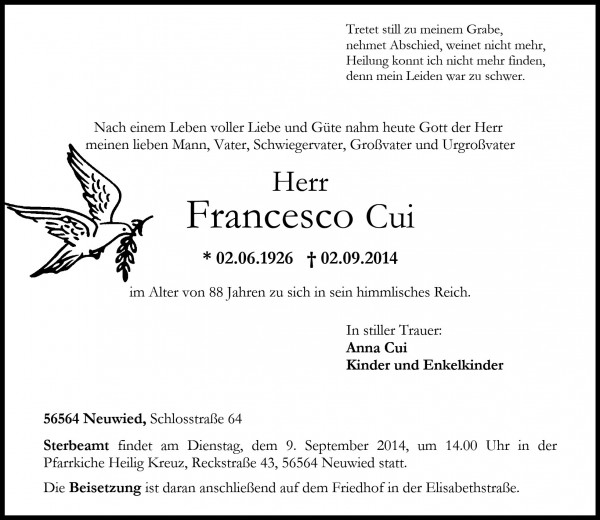Todesanzeige Francesco Cui