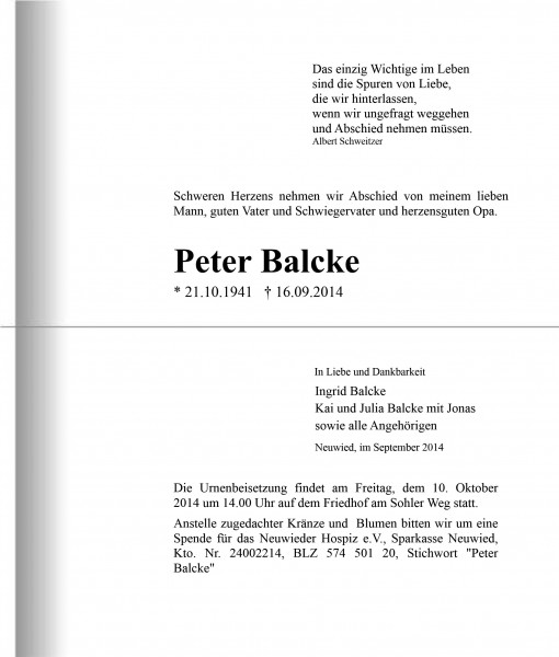 Todesanzeige Peter Balcke