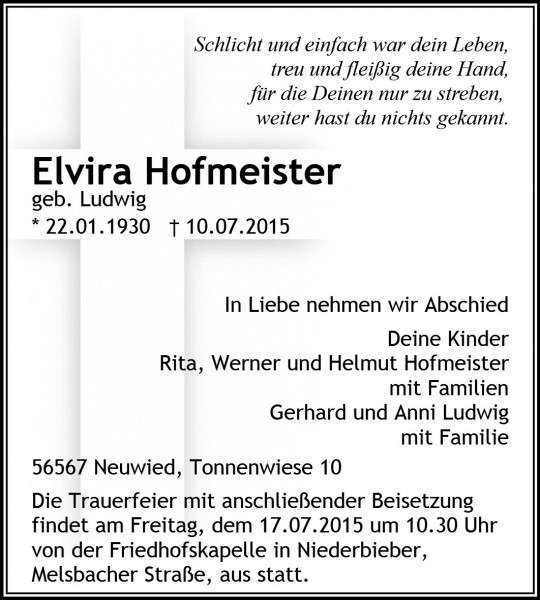 Traueranzeige Elvira Hofmeister