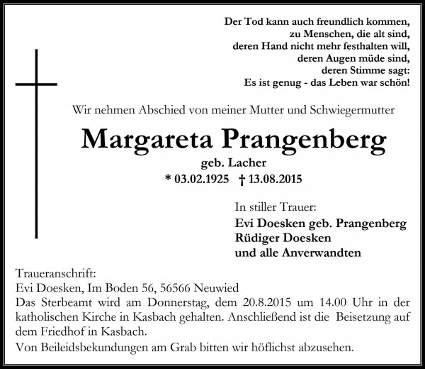 Todesanzeige Margareta Prangenberg