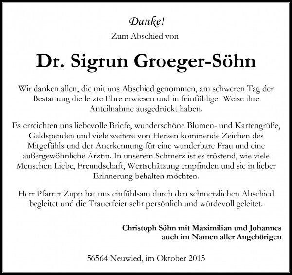 Danksagung Dr. Sigrun Groeger-Soehn