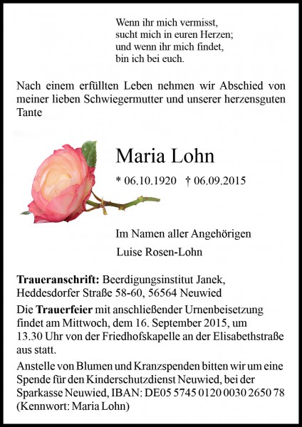 Todesanzeige Maria Lohn
