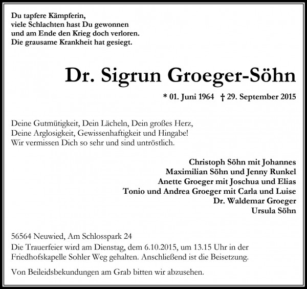 Traueranzeige Dr. Sigrun Groeger-Söhn