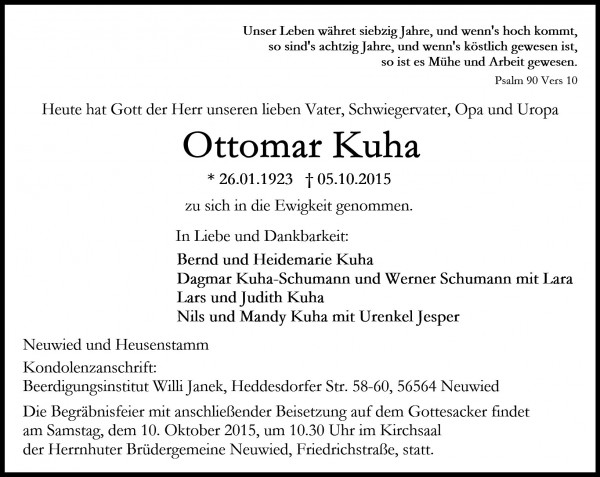 Kuha, Ottomar Traueranzeige