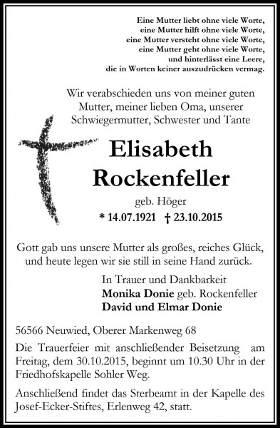 Traueranzeige Elisabeth Rockenfeller