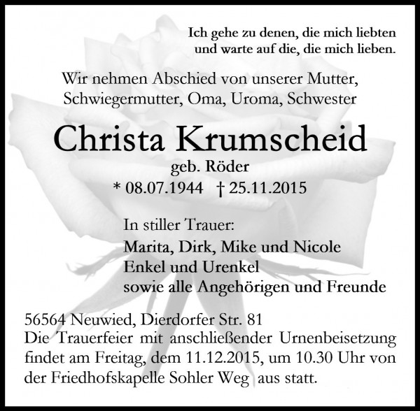 Todesanzeige Christa Krumscheid