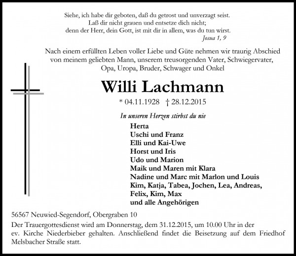 Todesanzeige Willi Lachmann