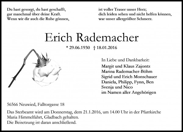 Todesanzeige Erich Rademacher