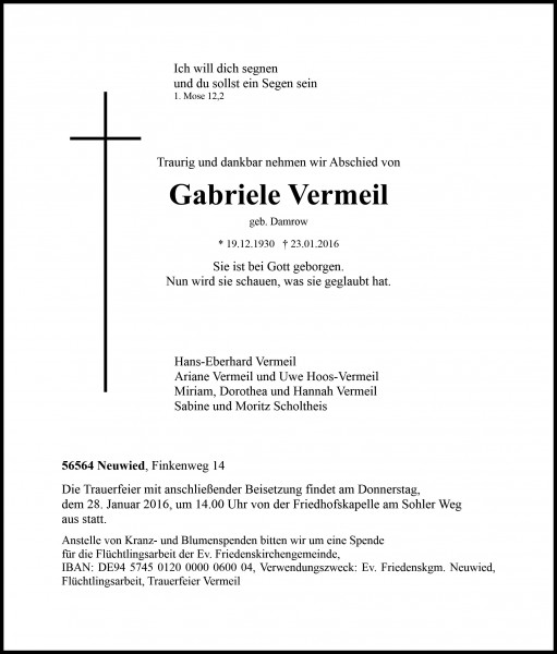 Traueranzeige Gabriele Vermeil