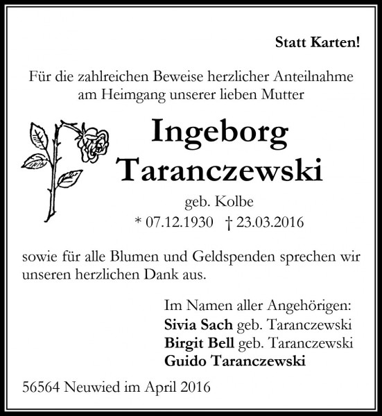 Danksagungsanzeige Ingeborg Taranczewski