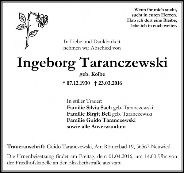 Traueranzeige Ingeborg Taranczewski